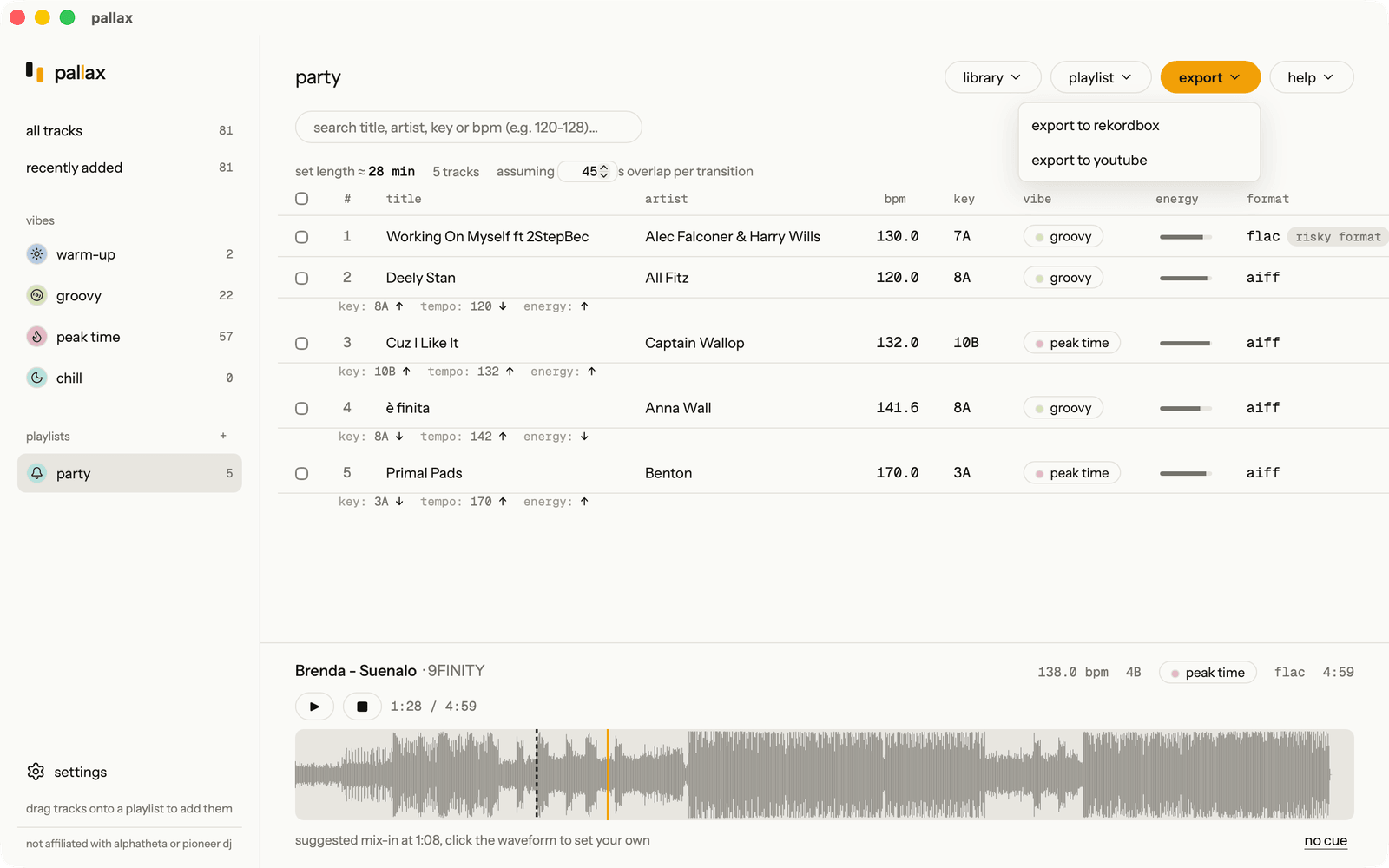 the export menu in pallax with 'export to rekordbox' ready to click