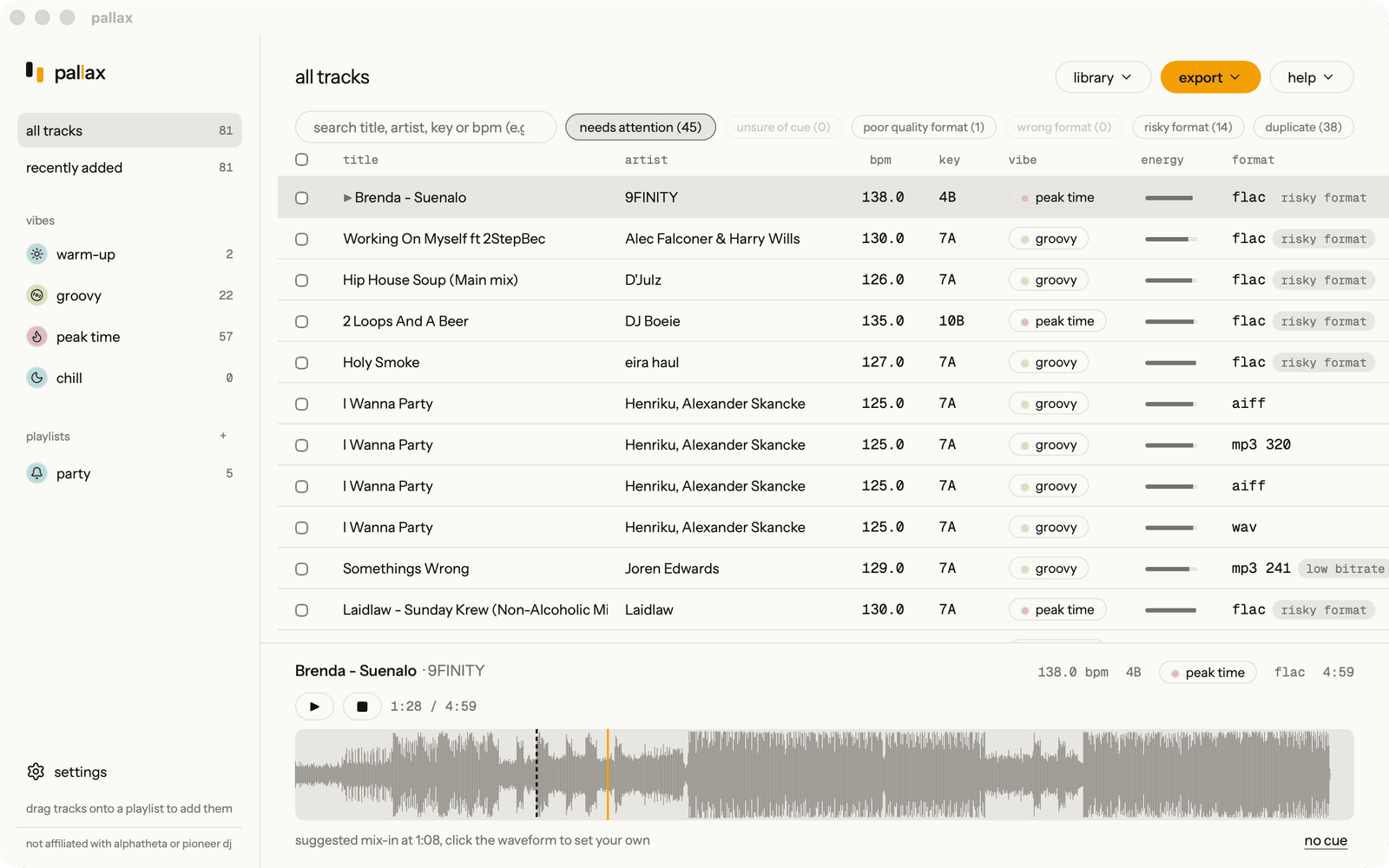 the pallax library filtered to needs attention: flac files flagged as risky format and an mp3 flagged as low bitrate
