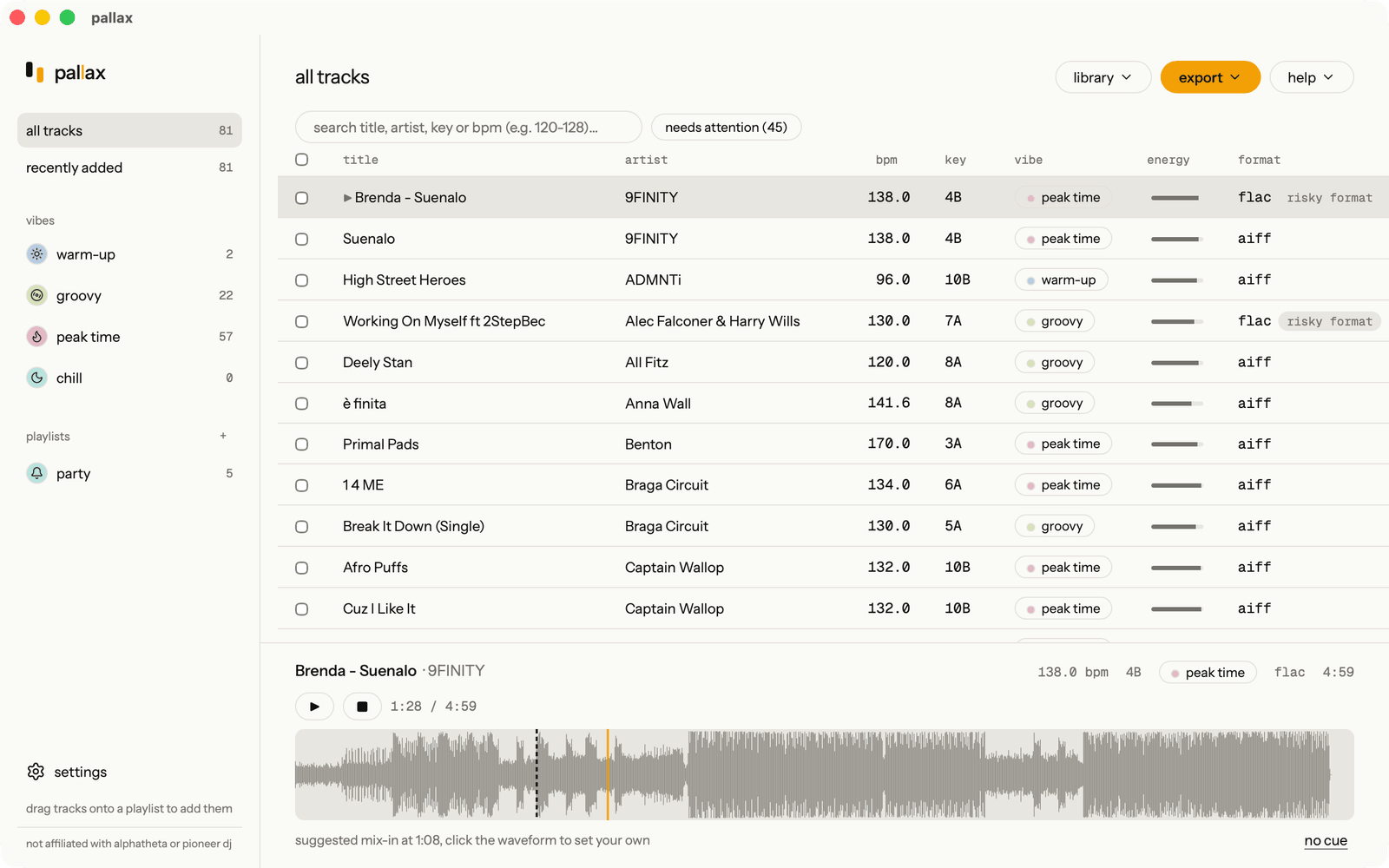 the pallax library: every track listed with bpm, key, vibe and energy