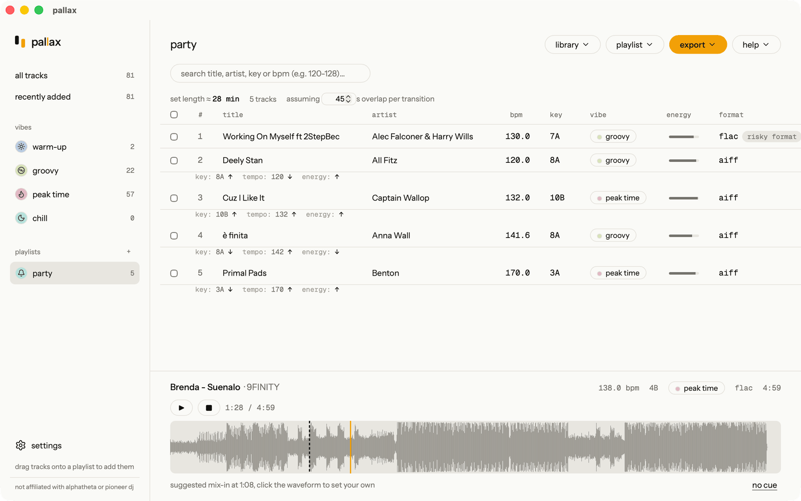 a playlist put in order by pallax, with the key, tempo and energy reasoning shown between tracks
